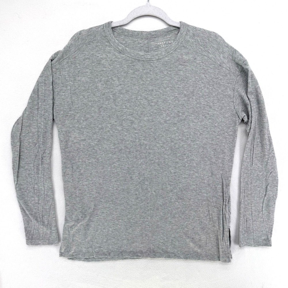 American Eagle Top Women M Gray Soft & Sexy Ribbed Long Sleeve Crew Neck Shirt